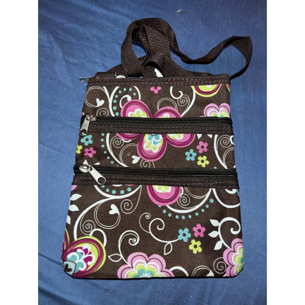 Brown Floral Crossbody Bag Multi Zipper Purse Festival Bag Adjustable Strap